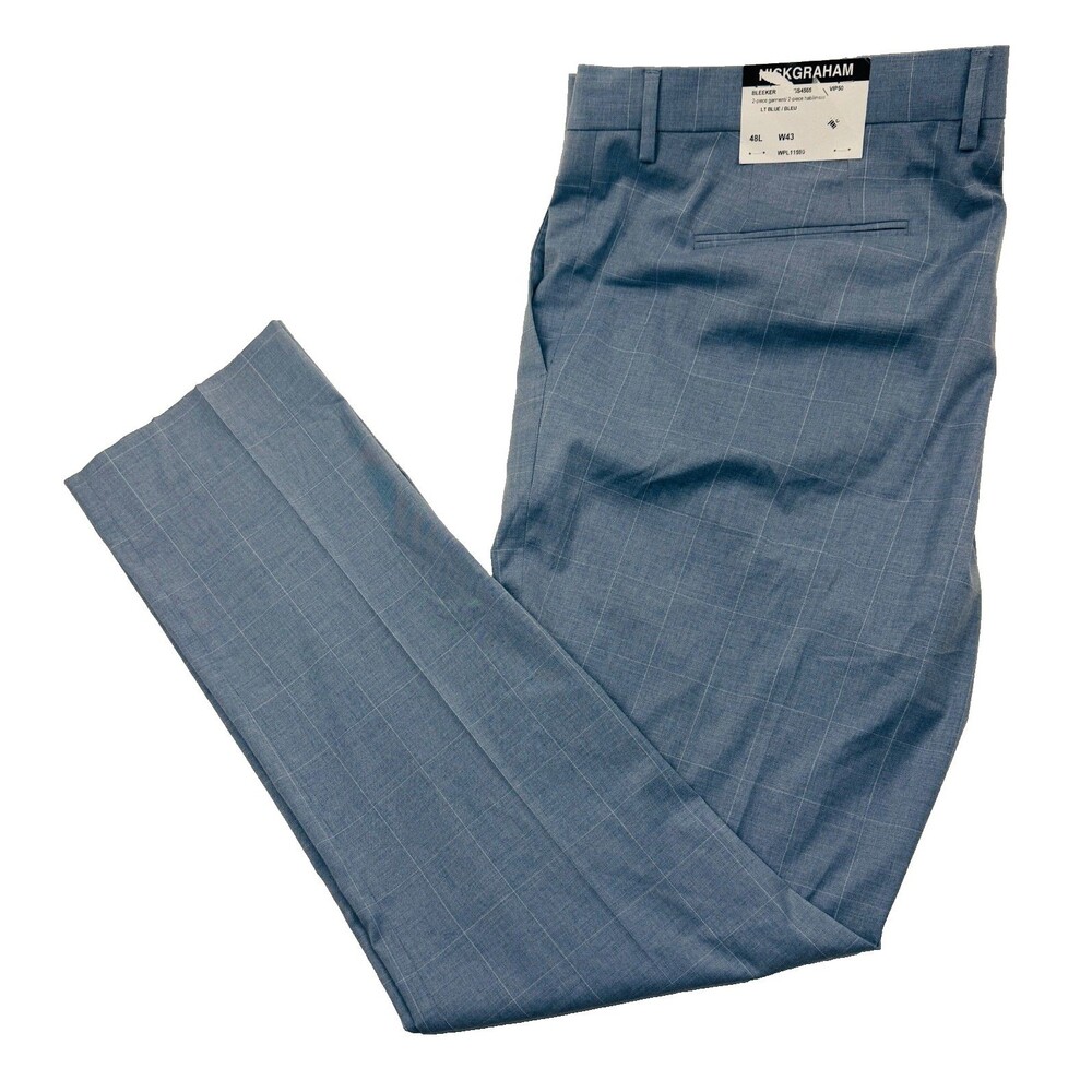 NEW NICK GRAHAM Mens 43x34 Light Blue Check Soft Trousers/Dress Pants/Slacks